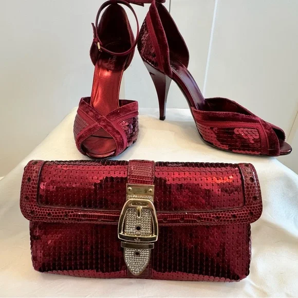 Rare Gucci Broadway Bordeaux Burgundy Velvet Sequins Clutch and Heels Set 6.5 - Picture 1 of 16